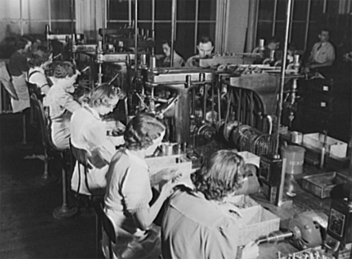 women manufacturing gun magazines at a Dayton, Ohio, cash register factory