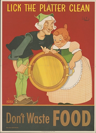 WWII poster shows Jack Sprat and his wife and encourages Americans to lick the platter clean